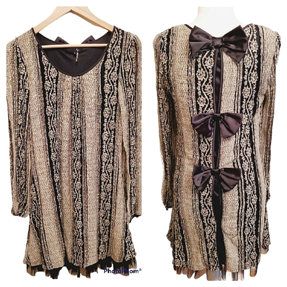 Anthropologie Ryu Ruffle Lace Back Bow Overlay Dress Cream Black Large